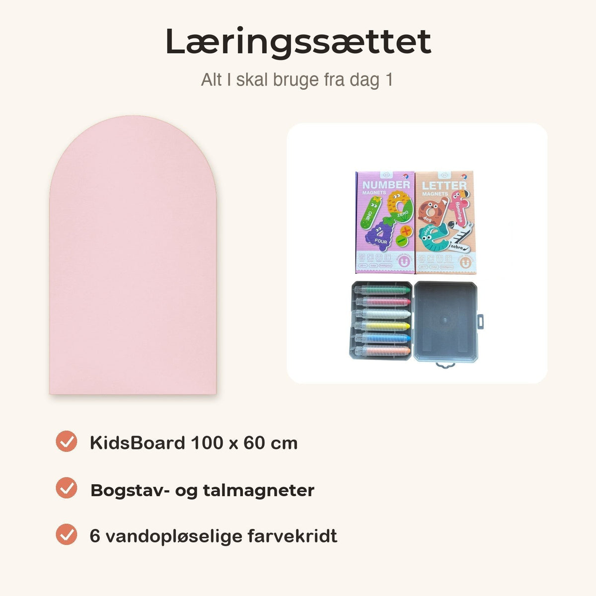 KidsBoard™ Læringssættet (tavle + bogstav- og talmagneter + 6 farvekridt) - Tech-shoppen.dk - Pastel Pink -