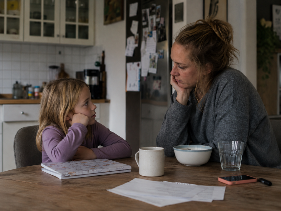 Forældre og barn i samtale om telefon