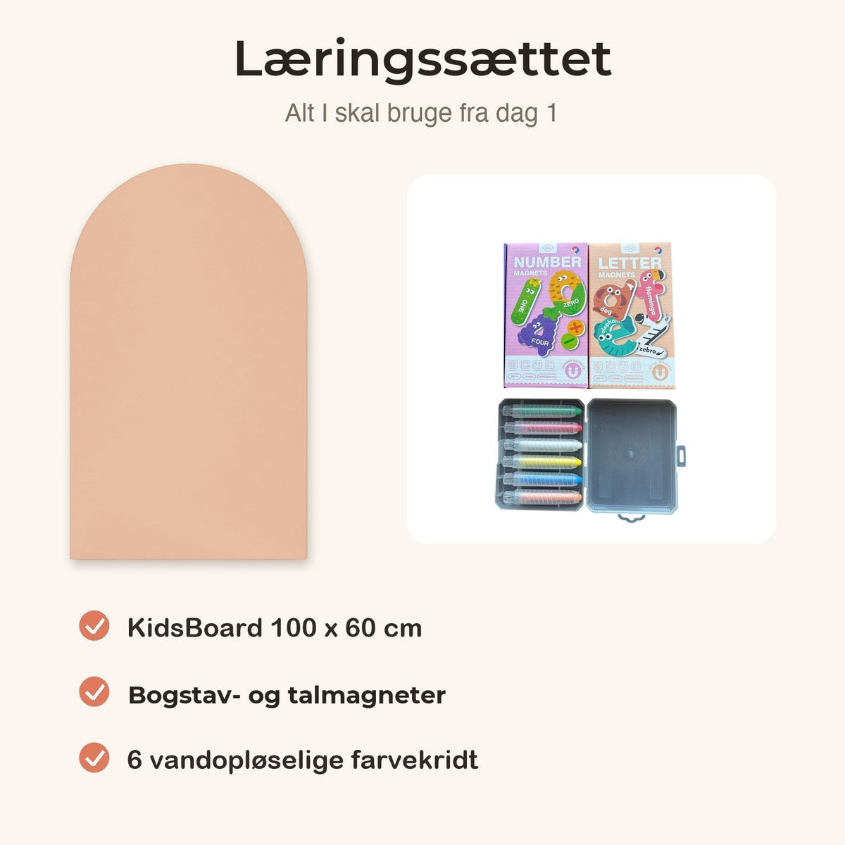 KidsBoard™ Læringssættet (tavle + bogstav- og talmagneter + 6 farvekridt) - Tech-shoppen.dk - Blush - 