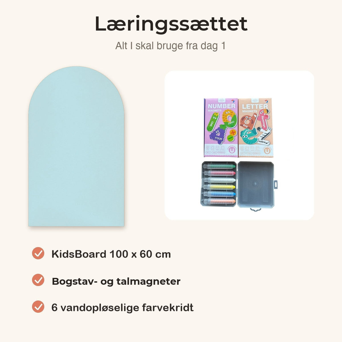 KidsBoard™ Læringssættet (tavle + bogstav- og talmagneter + 6 farvekridt) - Tech-shoppen.dk - Himmelblå - 