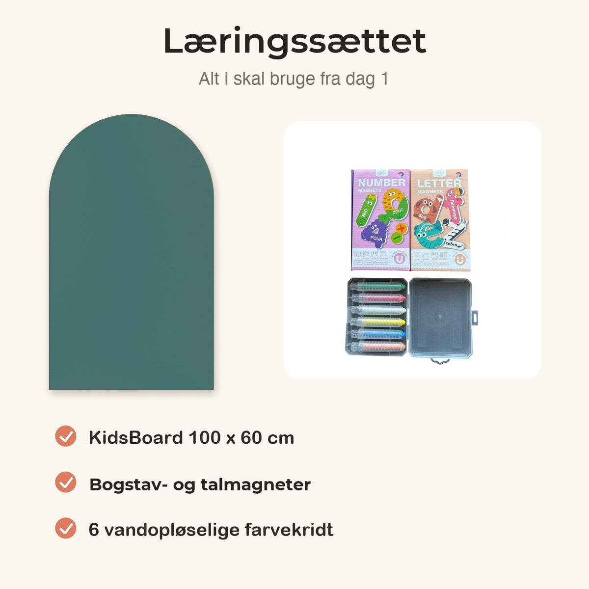 KidsBoard™ Læringssættet (tavle + bogstav- og talmagneter + 6 farvekridt) - Tech-shoppen.dk - Nordisk Blågrøn - 