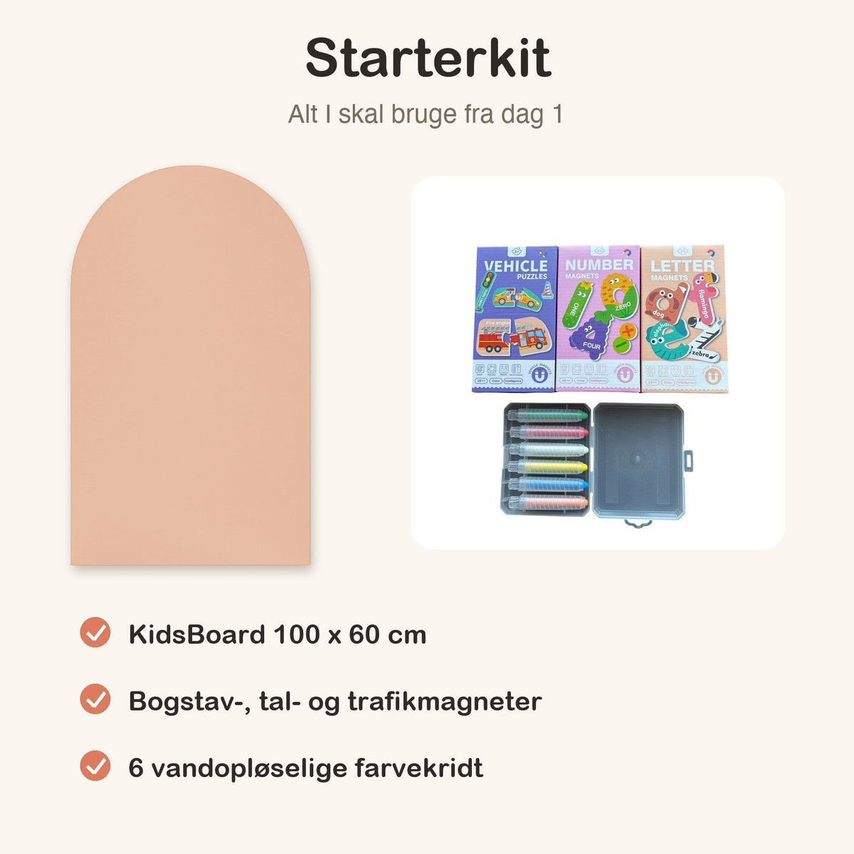 KidsBoard Starterkit (tavle + 3 magnetsæt + 6 farvekridt) - Tech-shoppen.dk - Blush - 