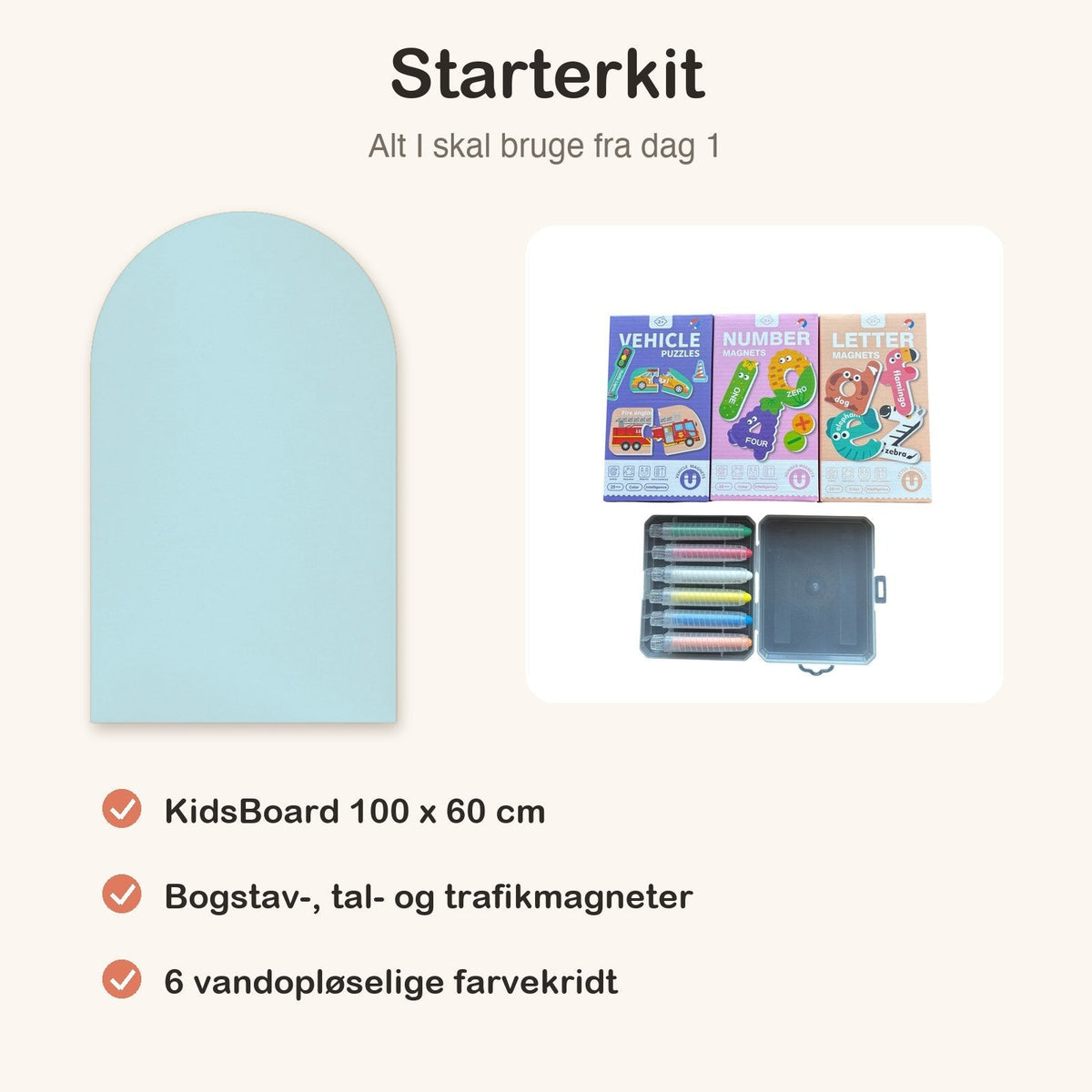 KidsBoard Starterkit (tavle + 3 magnetsæt + 6 farvekridt) - Tech-shoppen.dk - Himmelblå - 