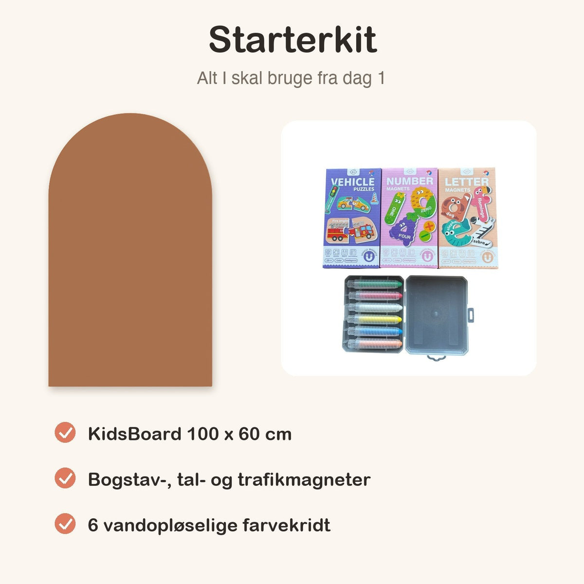 KidsBoard Starterkit (tavle + 3 magnetsæt + 6 farvekridt) - Tech-shoppen.dk - Karamelbrun - 