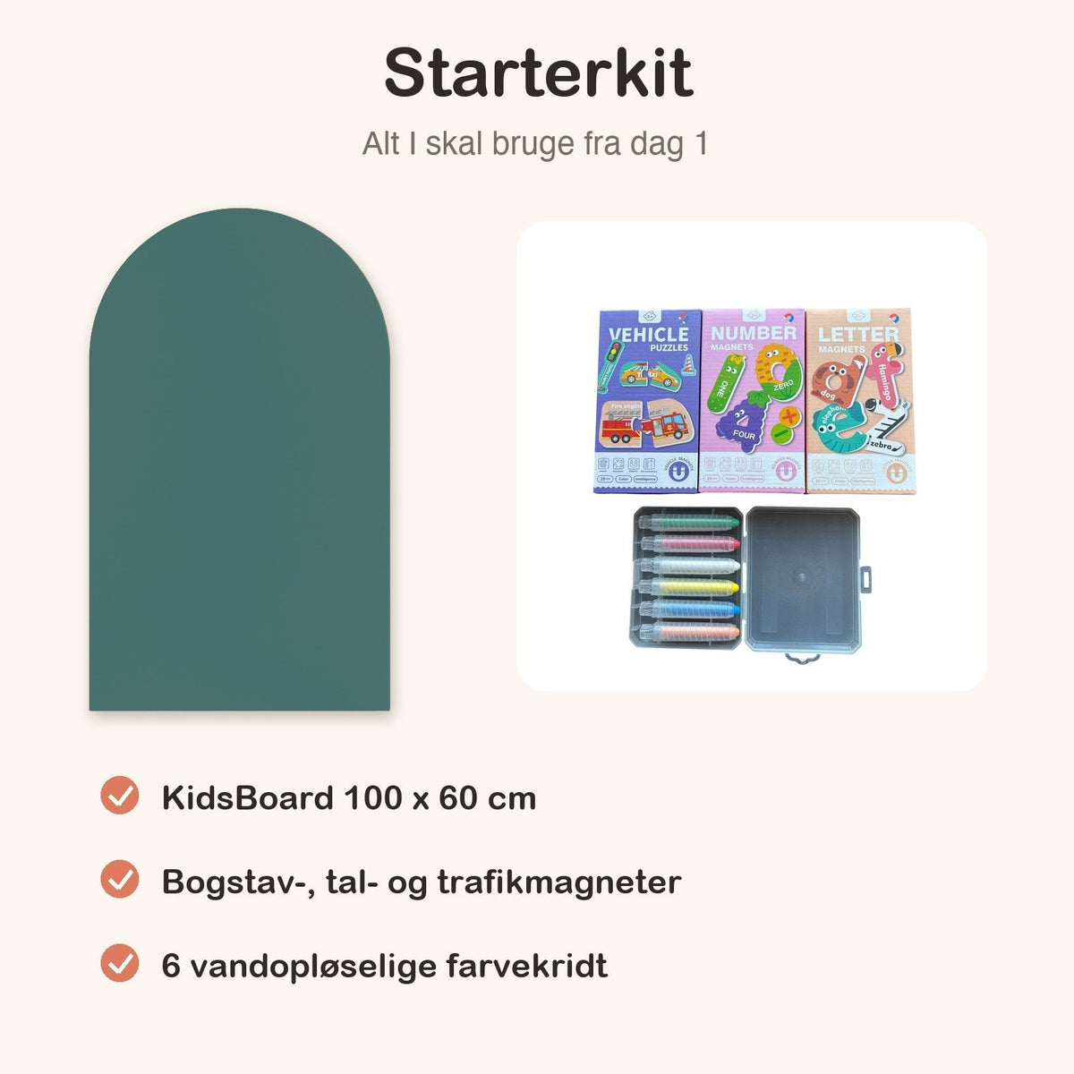 KidsBoard Starterkit (tavle + 3 magnetsæt + 6 farvekridt) - Tech-shoppen.dk - Nordisk Blågrøn - 