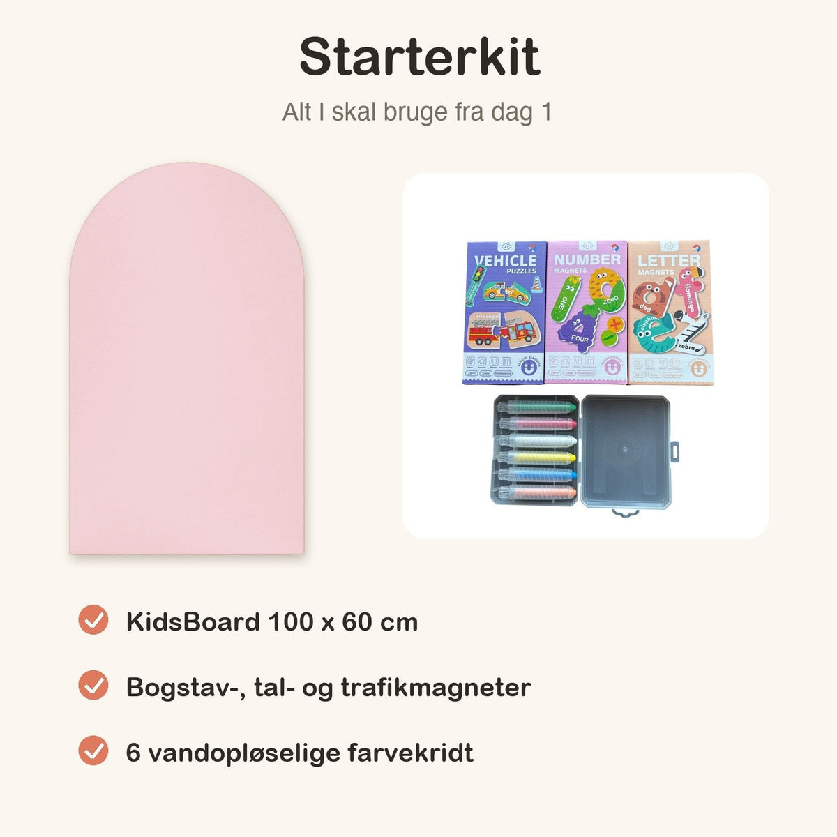 KidsBoard Starterkit (tavle + 3 magnetsæt + 6 farvekridt) - Tech-shoppen.dk - Pastel Pink - 